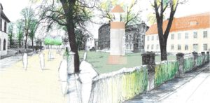 Entwurfsskizze Weg und Hecke um Baumbestandenen Platz mit Leuchtturmlaterne von Pinsch