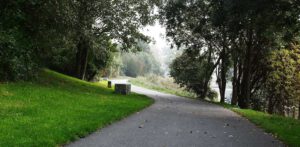 geschwungener, asphaltierter Uferweg mit Granitsitzblöcken zwischen naturnaher Uferbepflanzung